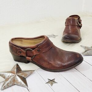 Frye Carson harness booties brown leather clogs heeled size 8.5